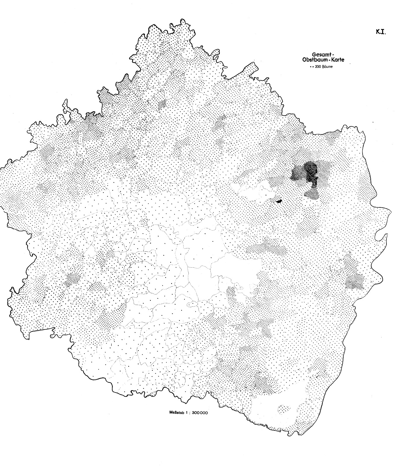 Obstanbau der Pfalz im Jahr 1936:  1 Punkt = 200 Obstbäume
